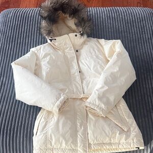 Lands' End Cream Puffer down and feather Jacket with Faux Fur Hood size 6-8 or M